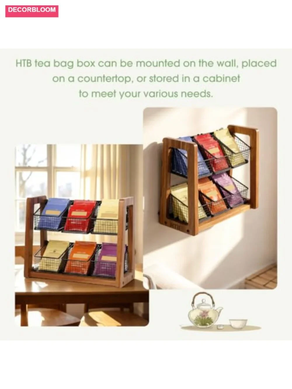 2 Tier Tea Bag Organizer with 6 Removable Baskets Acacia Wood Iron